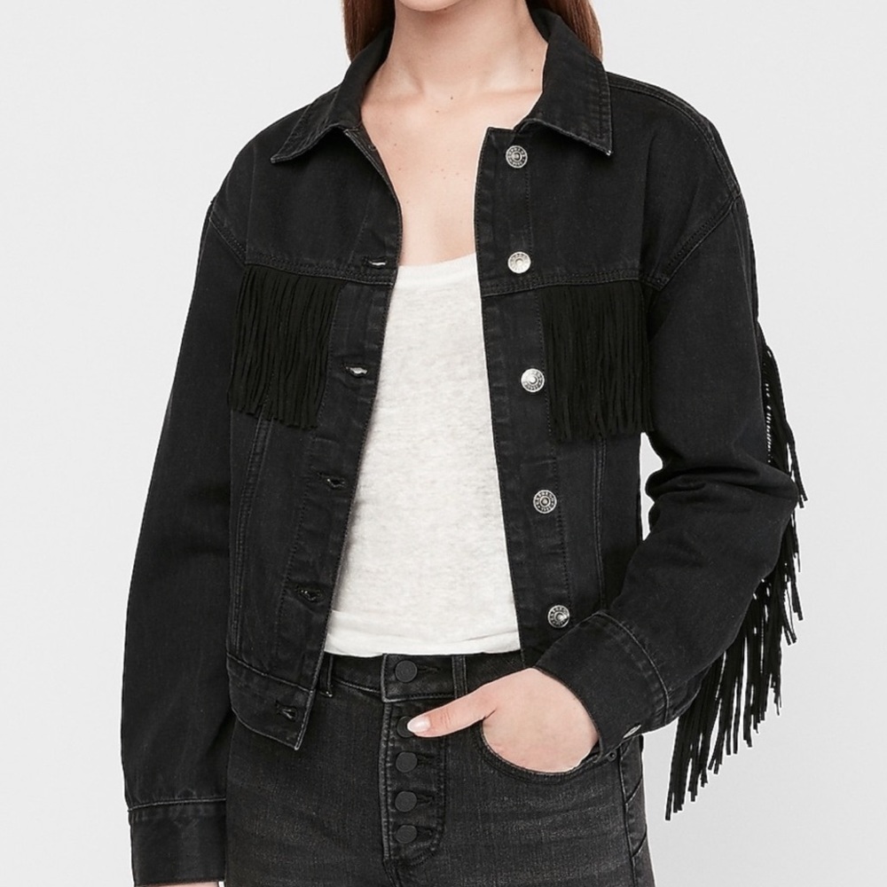 EXPRESS Black Fringe Cropped Denim Jacket NEW